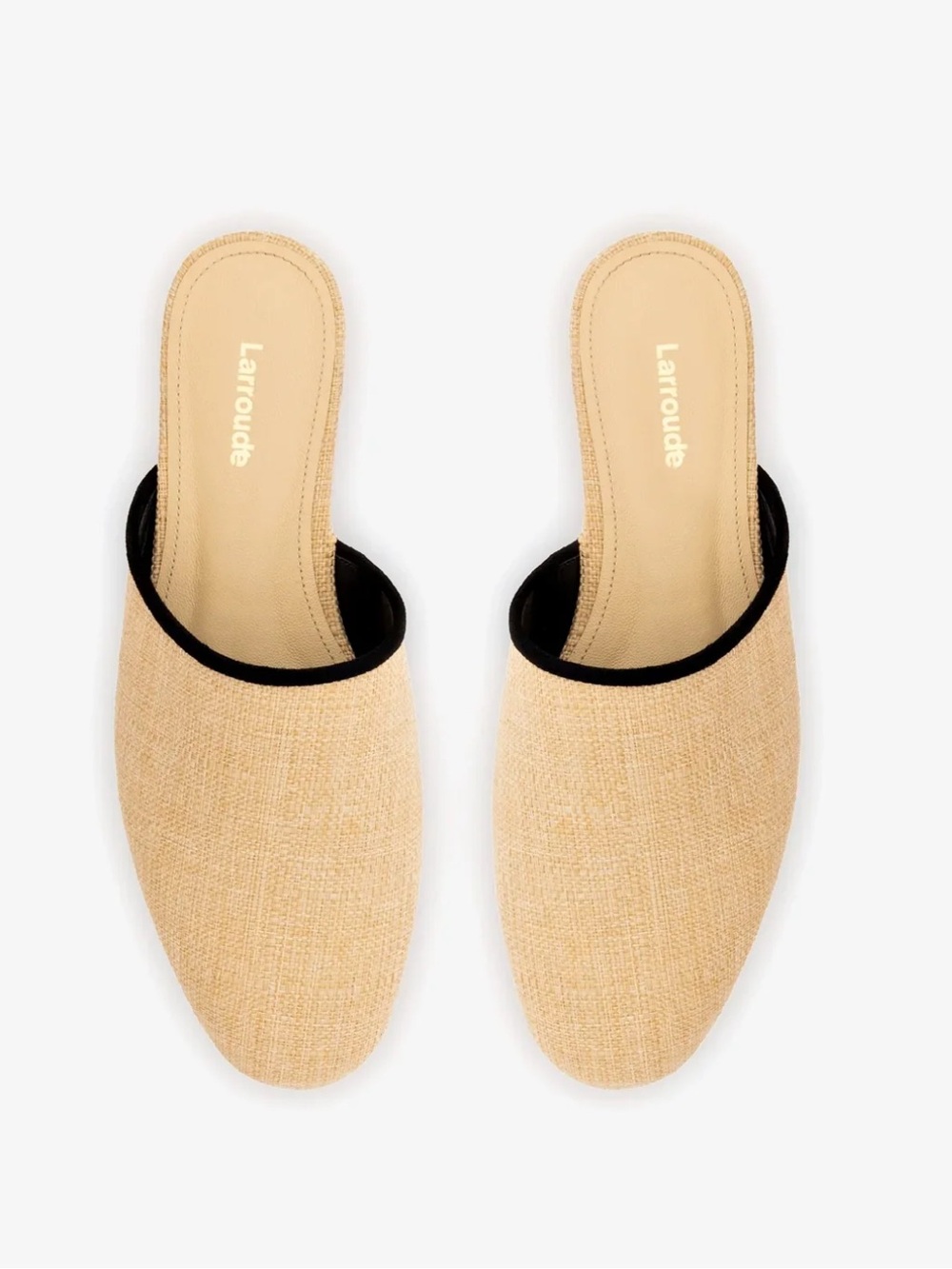 Larroude Venice Flat Mule In Beige Raffia and Leather w Black Trim Size 7.5 NIB - Picture 7 of 16